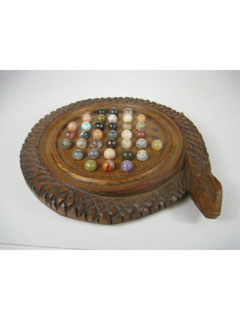 Hand Carved Wooden Solitaire Marble Game Board 7 inch Snake Design Vintage READ